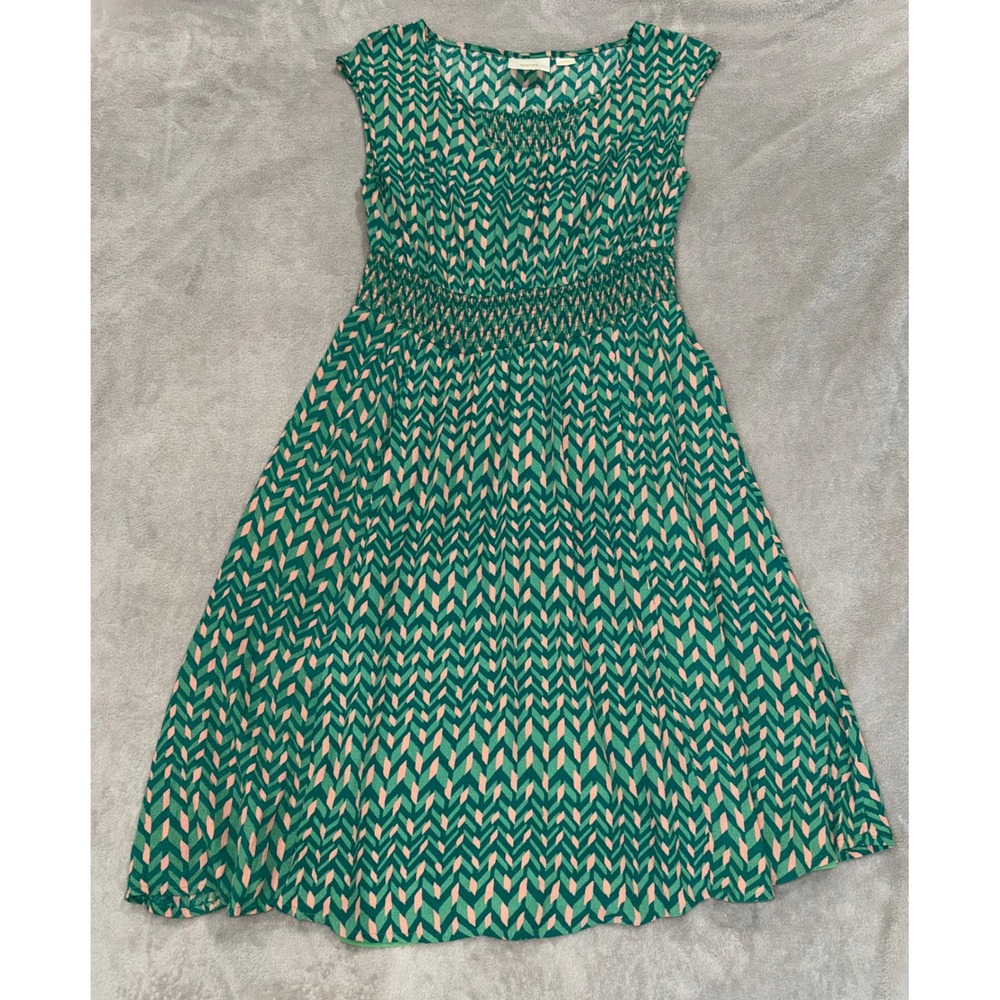 Maeve Anthropologie Evaline Smocked Waist Dress Green Geometric Chevron Midi XS
